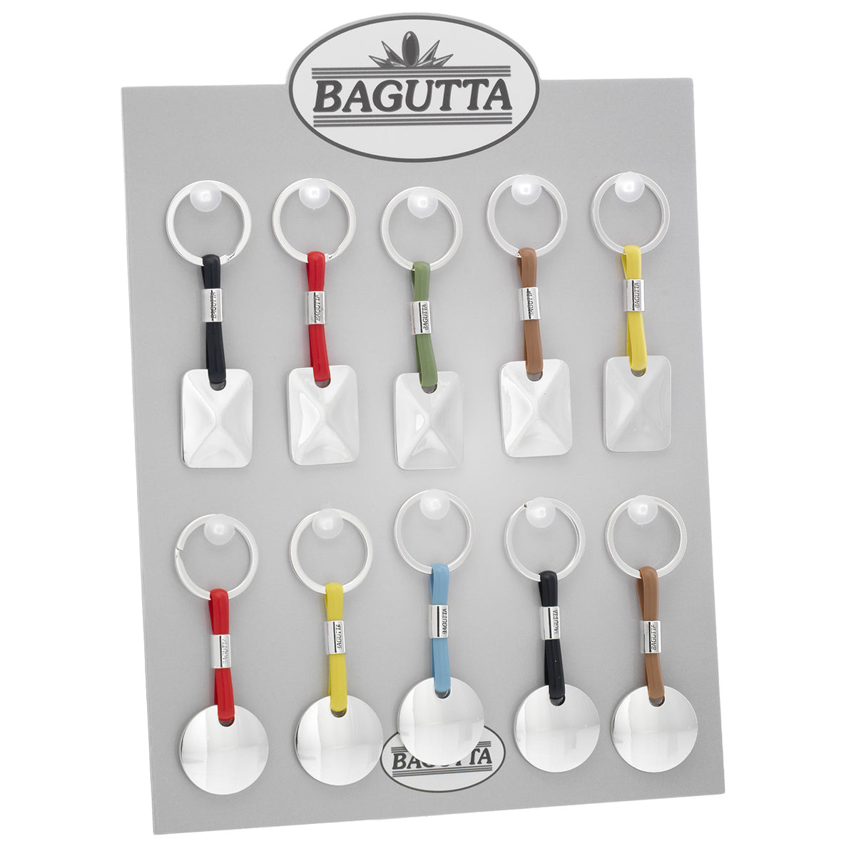 Bagutta Portachiavi Silver Plated con Targhetta e Cordino in Silicone Assortiti 12 pezzi con Espositore