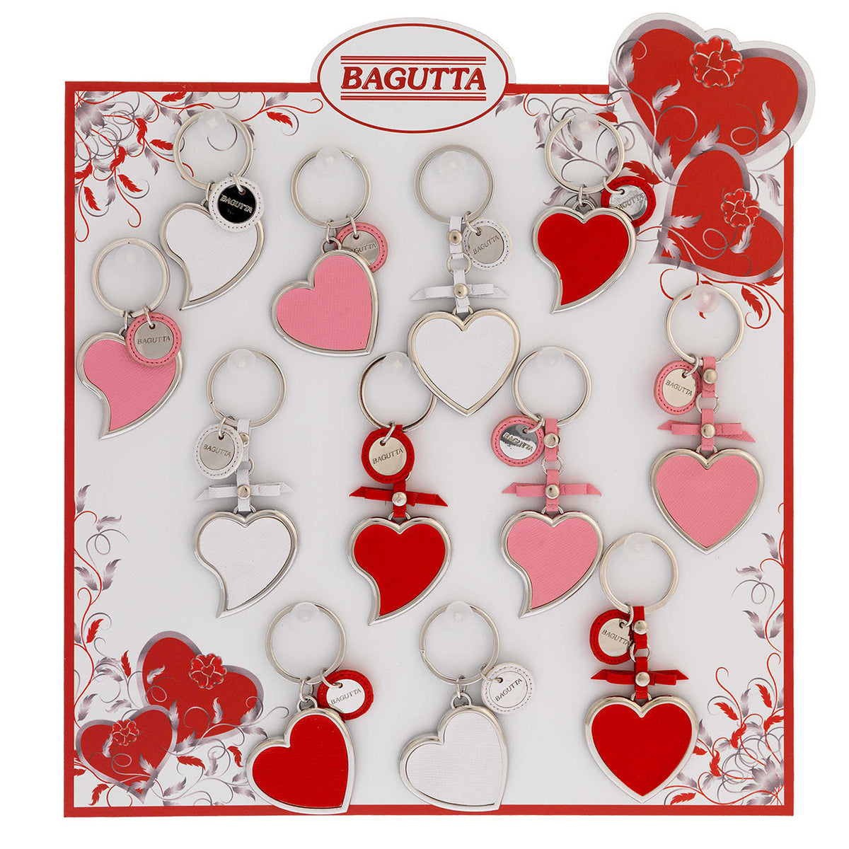 Bagutta Portachiavi Cuori Assortiti Bianchi Rossi e Rosa 12 pezzi con Espositore