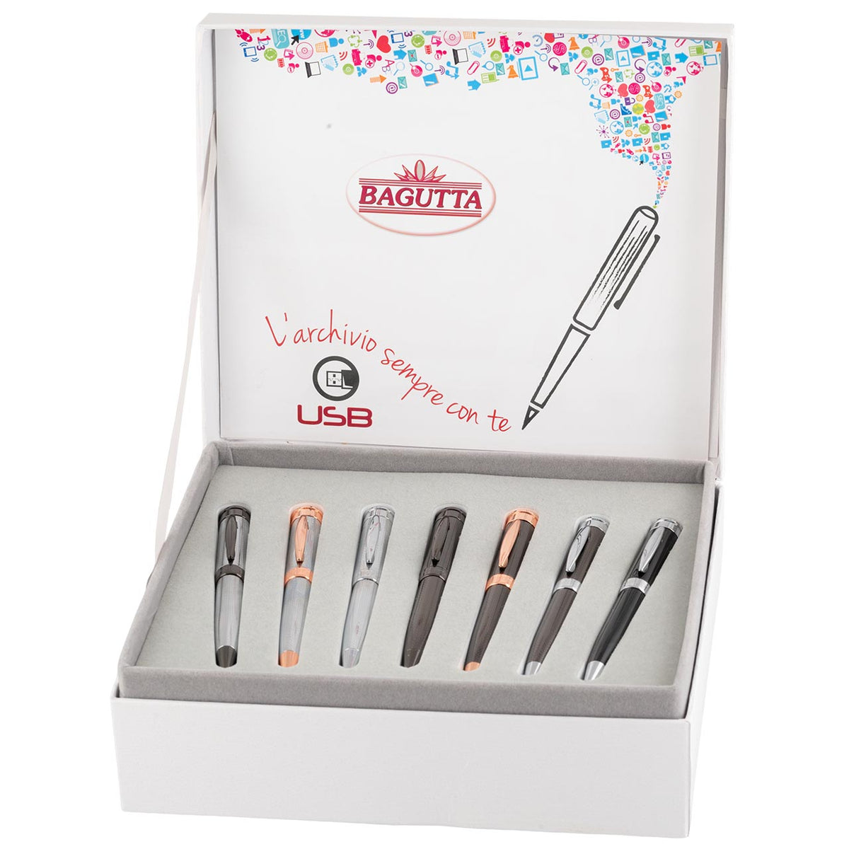 Bagutta Penne a Sfera Effetto Carbonio con Memoria USB 16 GB 14 cm, 7 pezzi