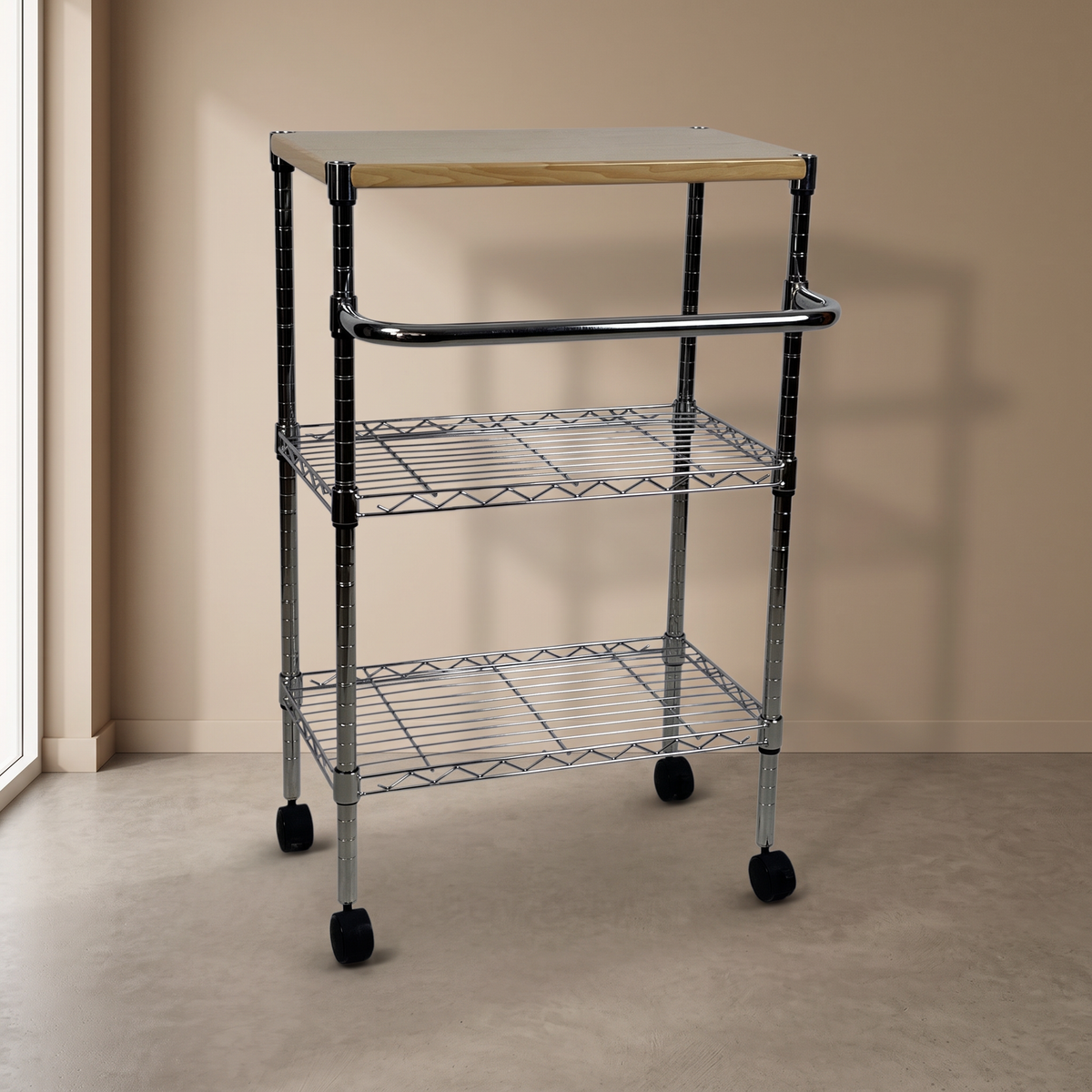 Metallika Carrello Modulare in Acciaio Cromato con Ruote, Piano in Legno e 2 Ripiani