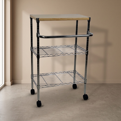 Metallika Carrello Modulare in Acciaio Cromato con Ruote, Piano in Legno e 2 Ripiani