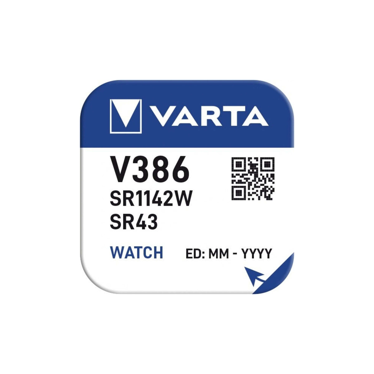 Varta Pila per Orologio 386 SR43W High Drain Ossido d'Argento 1,55V V386 1 Pezzo