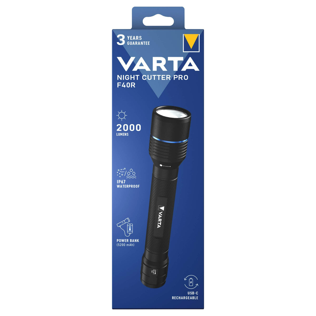 Varta Night Cutter Pro F40R Torcia LED Ricaricabile USB-C 2000 Lumen 350 m IP67 con Power Bank