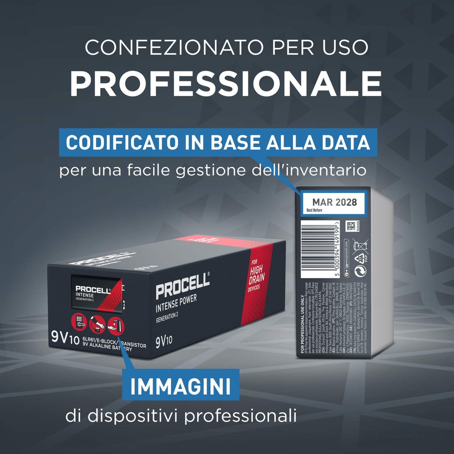 DURACELL 9 VOLT PROCELL INTENSE - 9V confezione da 10 batterie