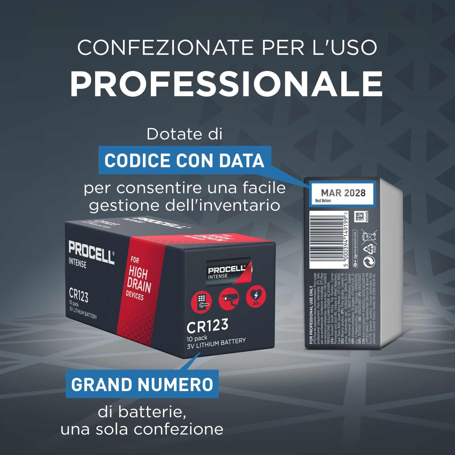 DURACELL CR123 PROCELL INTENSE - 3 VOLT confezione da 10 batterie