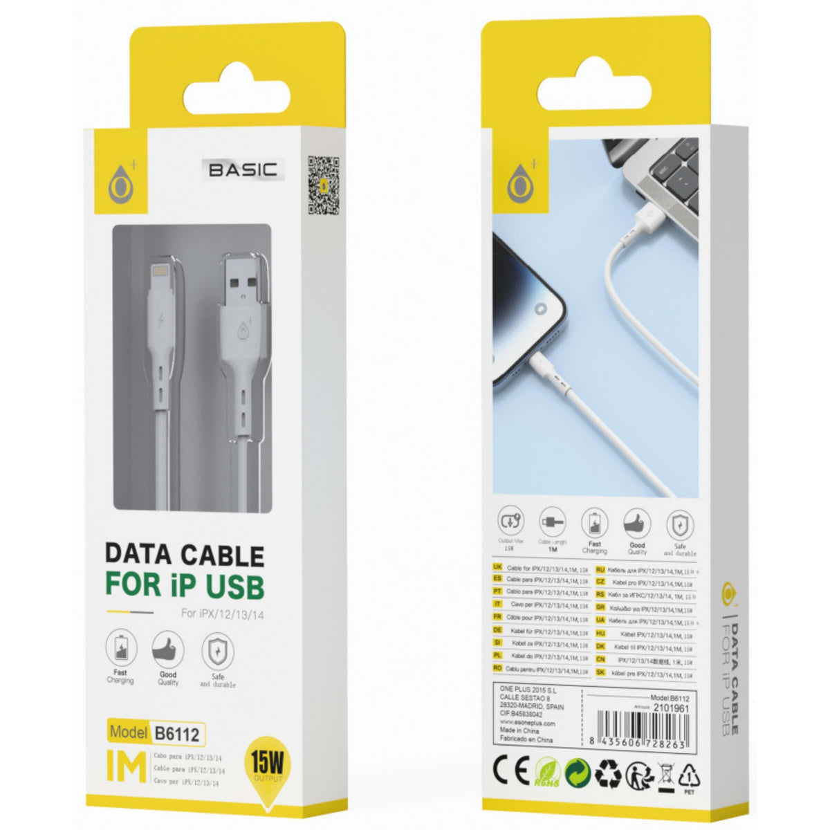 One Plus Cavo Dati da USB a Lightning 1 Metro 3.4A 15W Bianco