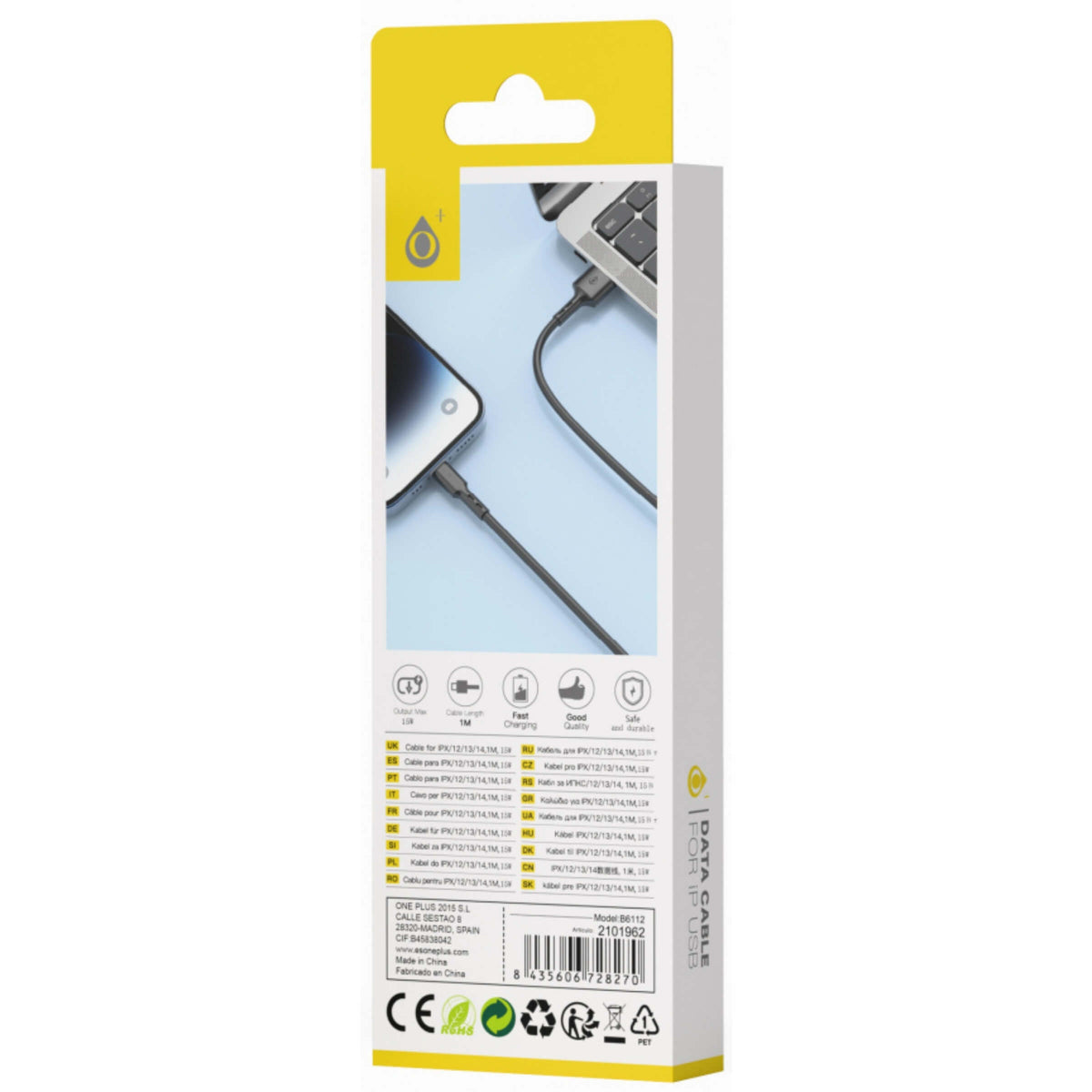One Plus Cavo Dati da USB a Lightning 1 Metro 3.4A 15W Nero
