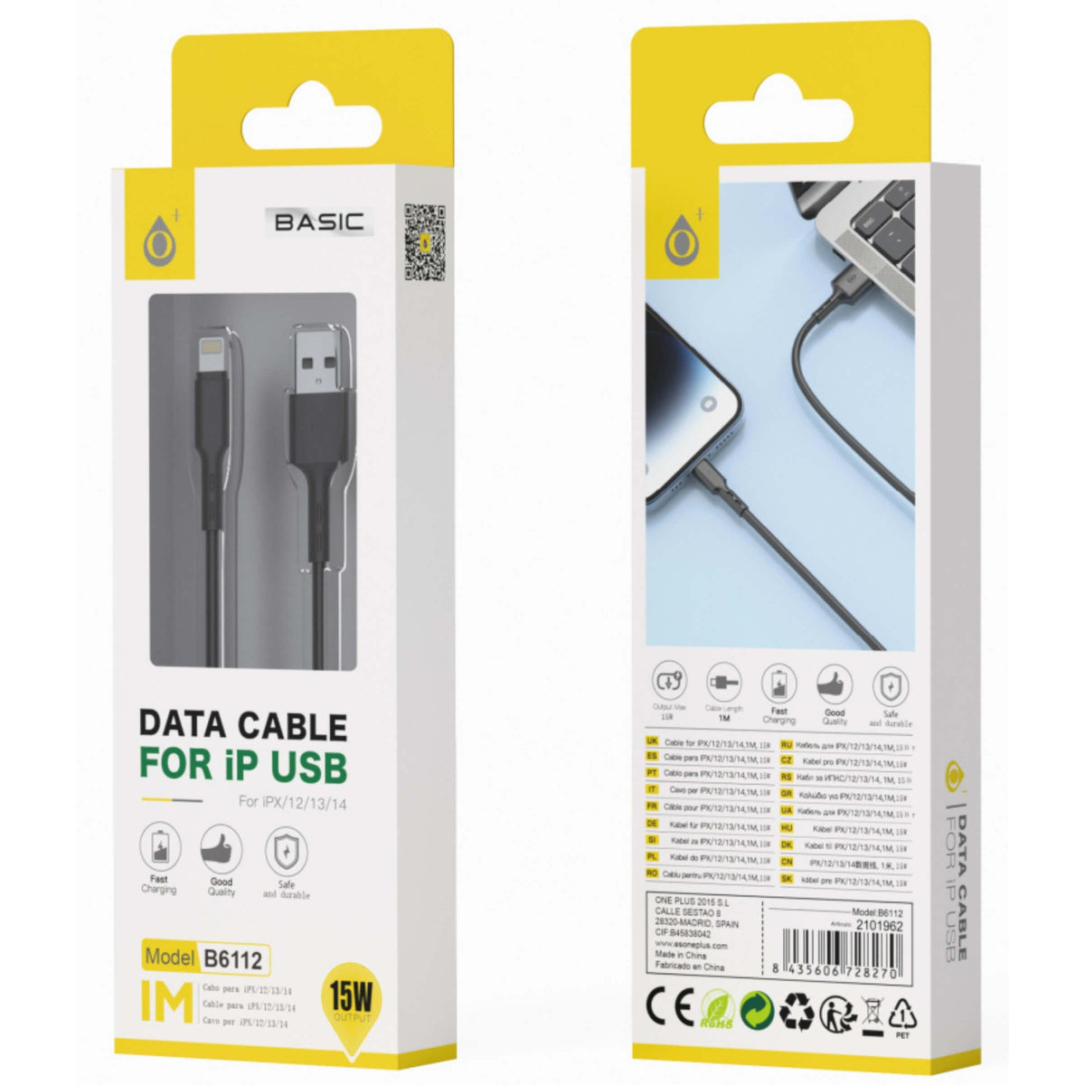 One Plus Cavo Dati da USB a Lightning 1 Metro 3.4A 15W Nero