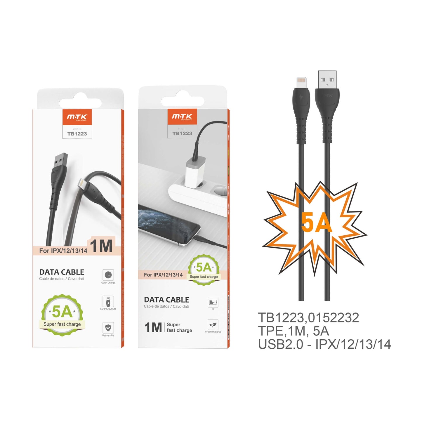 MOVETEK One Plus Cavo Dati da USB a Lightning 1 Metro Nero - TB1223