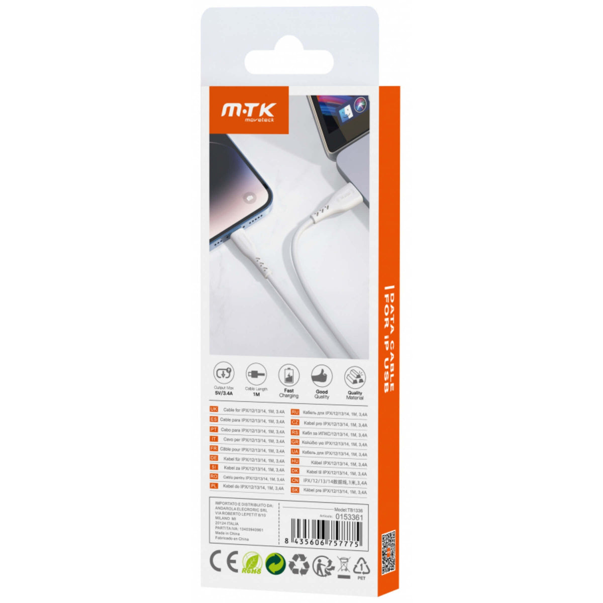 Movetek Cavo Dati da USB a Lightning 1 Metro 3.4A 15W Bianco - TB1336