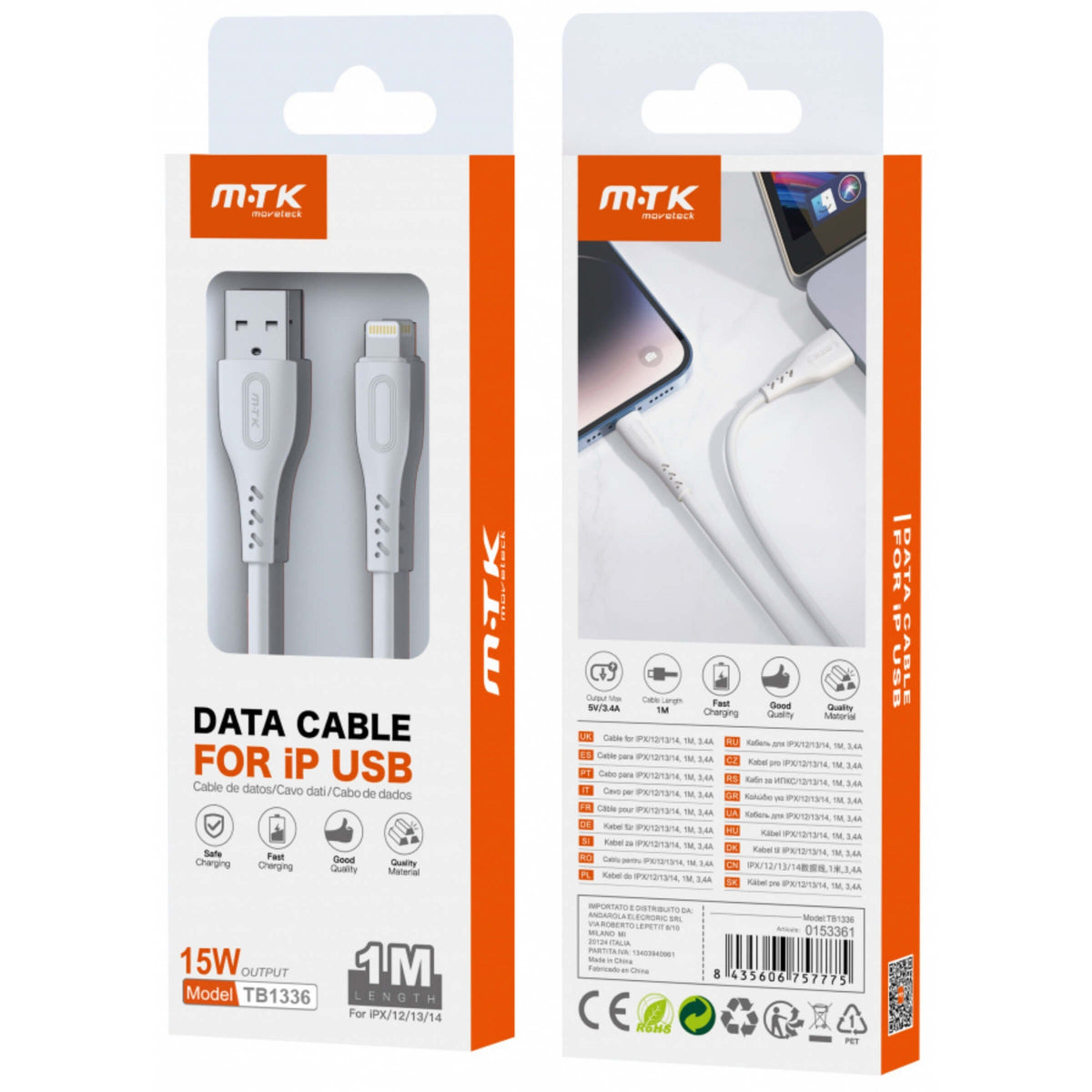 Movetek Cavo Dati da USB a Lightning 1 Metro 3.4A 15W Bianco - TB1336