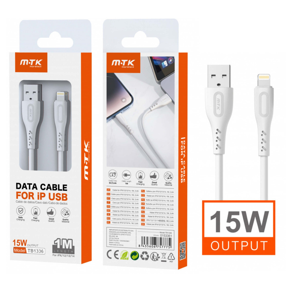 Movetek Cavo Dati da USB a Lightning 1 Metro 3.4A 15W Bianco - TB1336