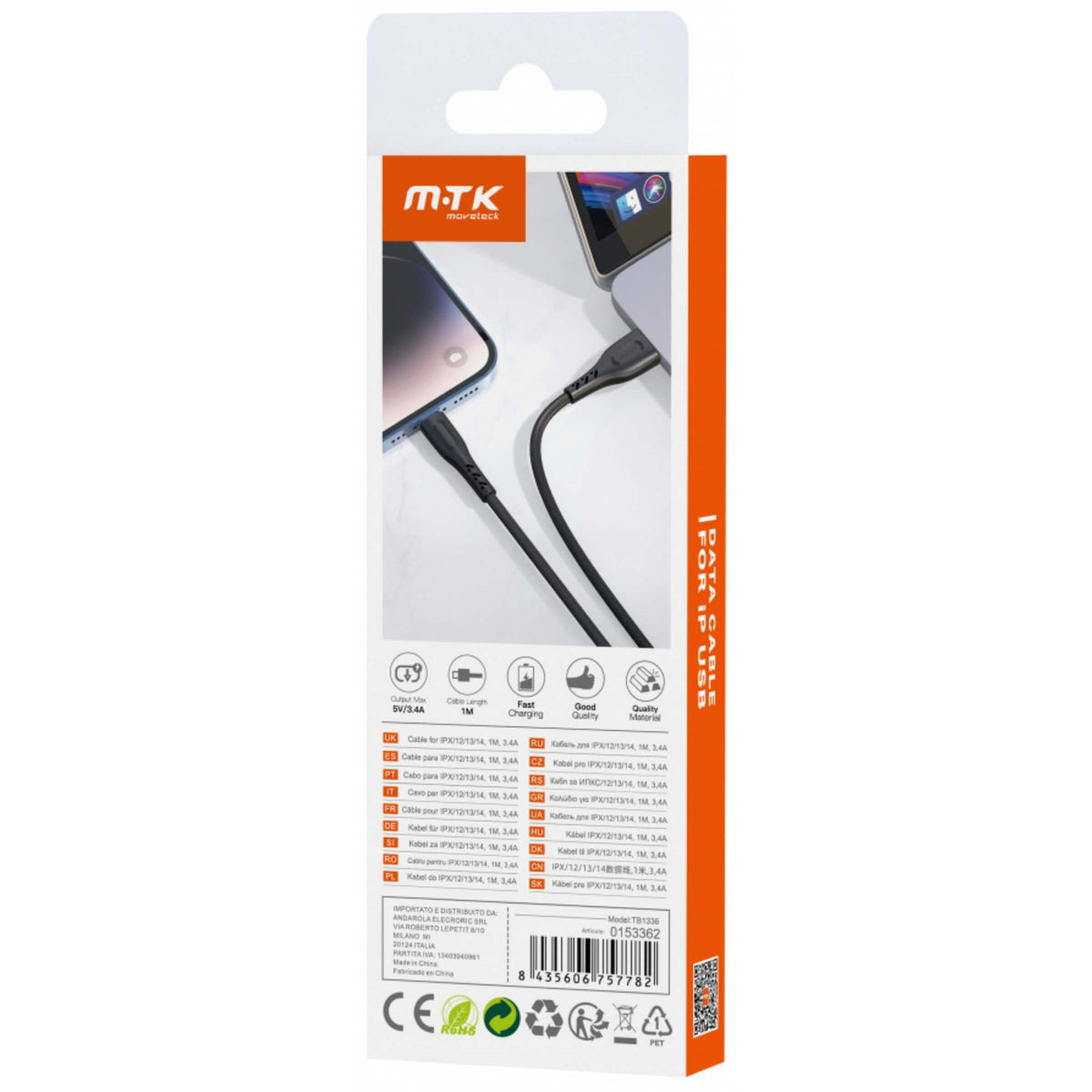 Movetek Cavo Dati da USB a Lightning 1 Metro 3.4A 15W Nero - TB1336
