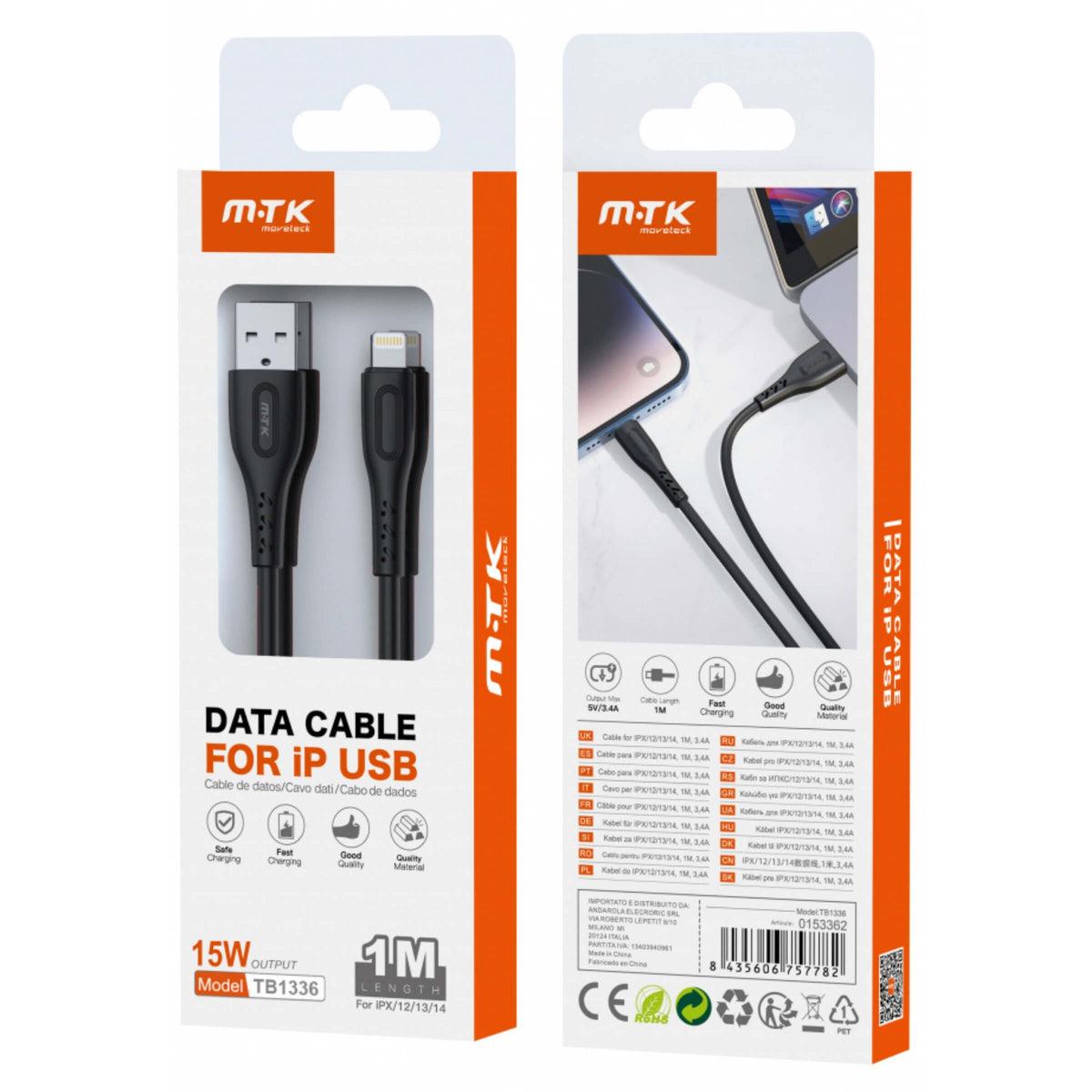 Movetek Cavo Dati da USB a Lightning 1 Metro 3.4A 15W Nero - TB1336