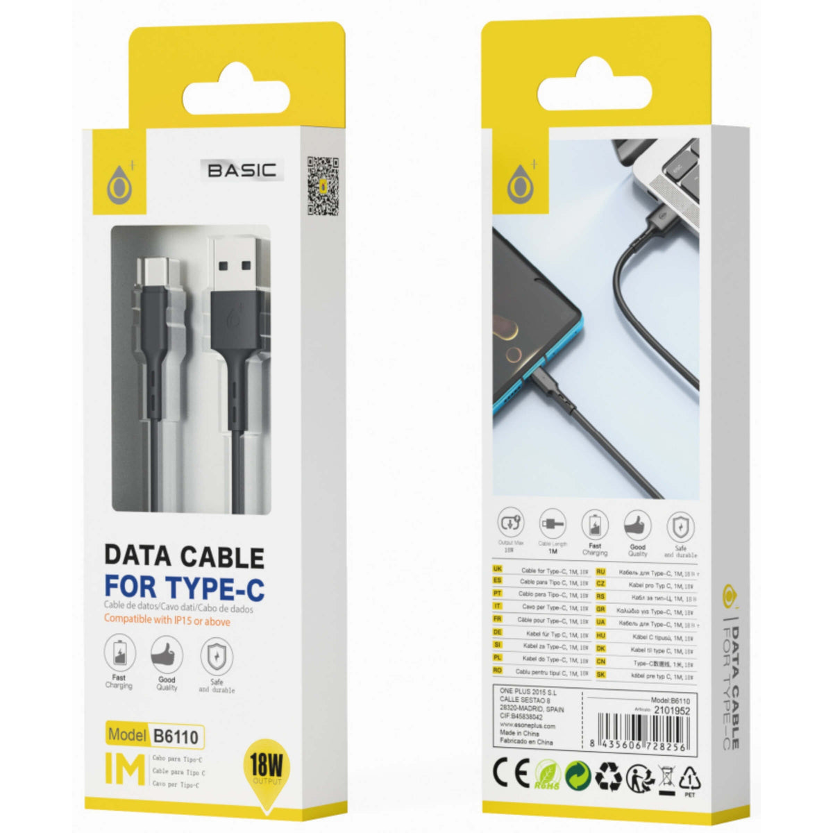 One Plus Cavo Dati da USB a Type-C 1 Metro 18W Nero