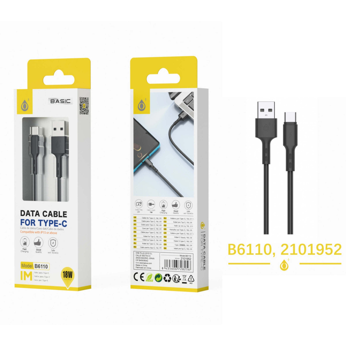 One Plus Cavo Dati da USB a Type-C 1 Metro 18W Nero