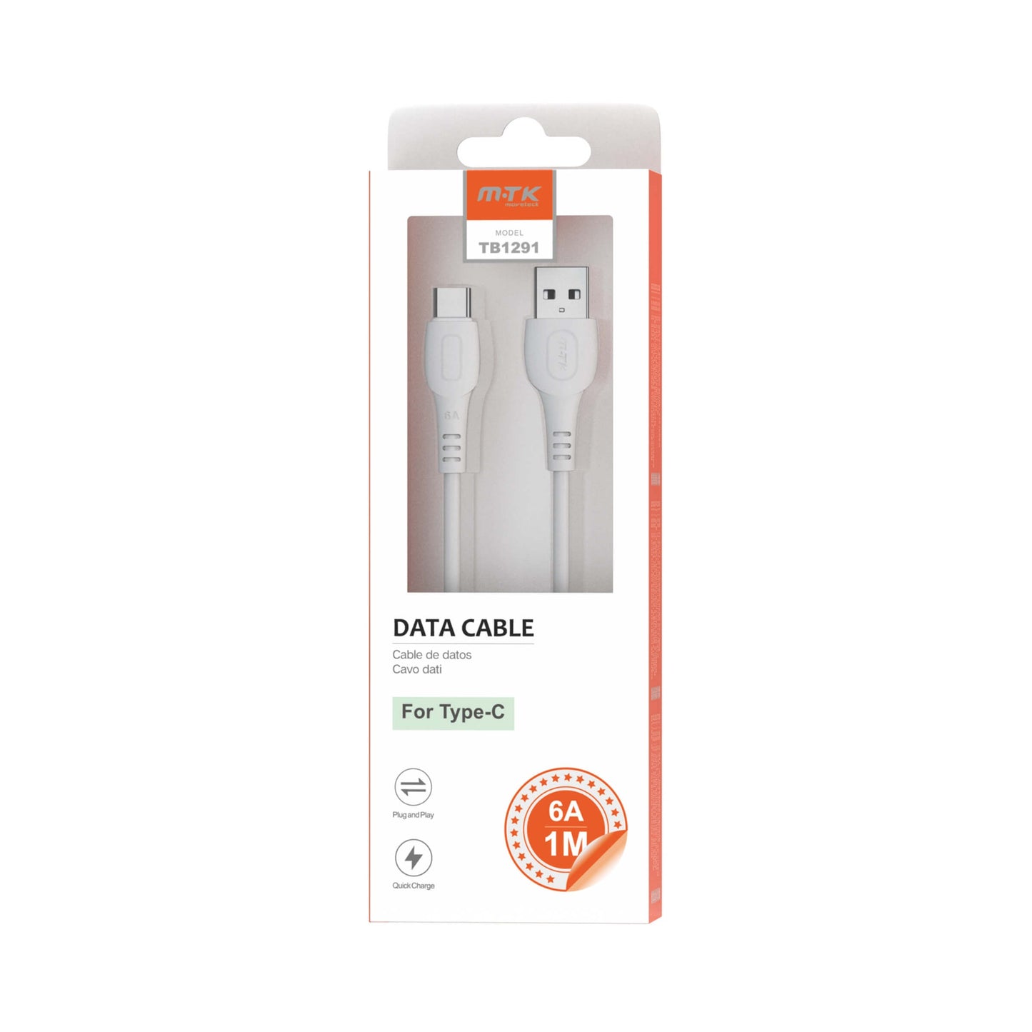 MOVETEK CAVO DATI 1 m TYPE-C BIANCO 6A - 66 Watt - TB1291