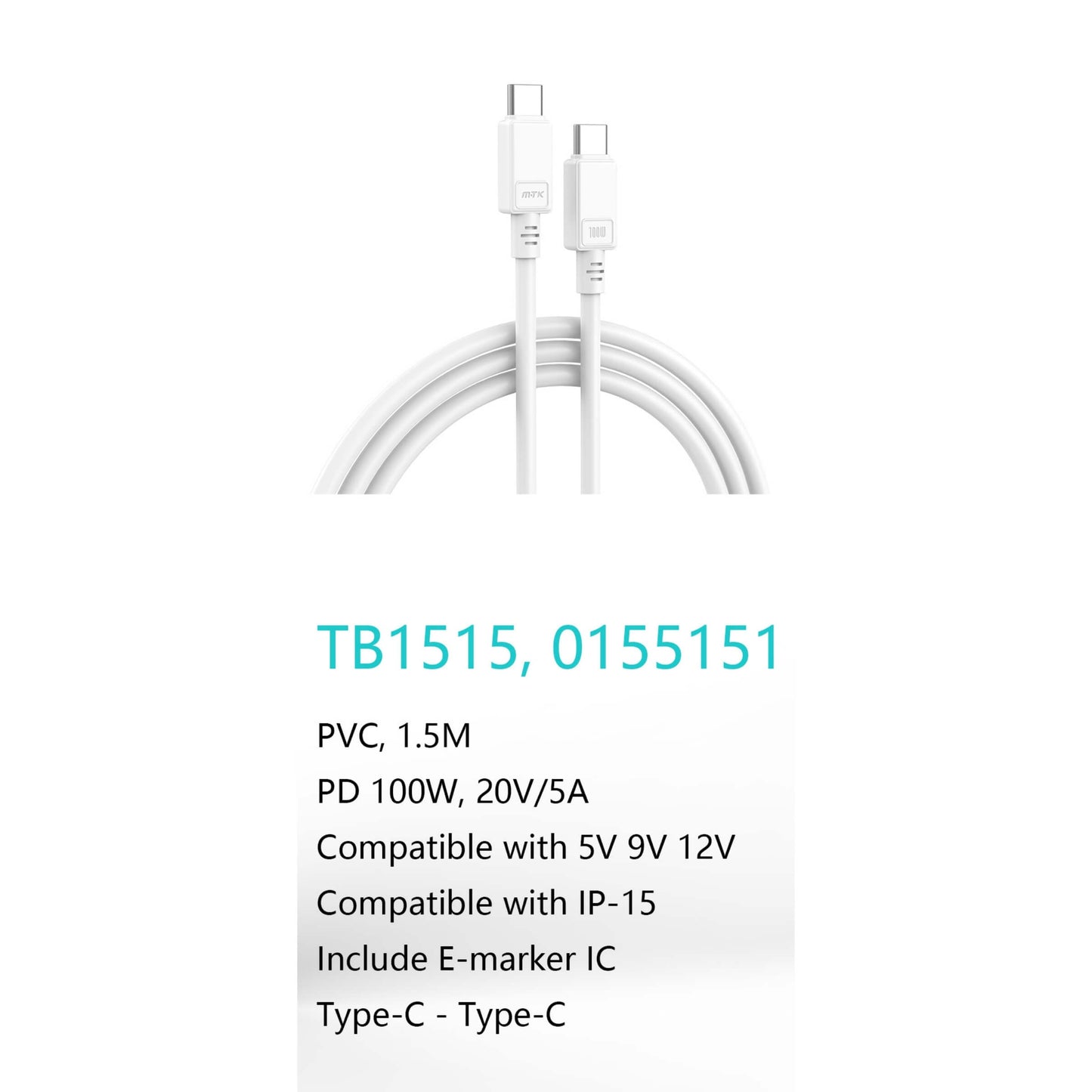 MOVTEK CAVO DATI TYPE-C to TYPE-C BIANCO 1,5 m DA100W RICARICA RAPIDA E CHIP E-MARKET IC - TB1515