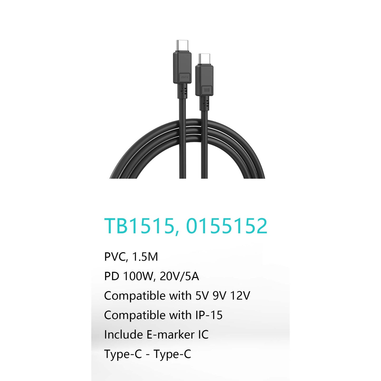 MOVTEK CAVO DATI TYPE-C to TYPE-C NERO 1,5 m DA100W RICARICA RAPIDA E CHIP E-MARKET IC - TB1515