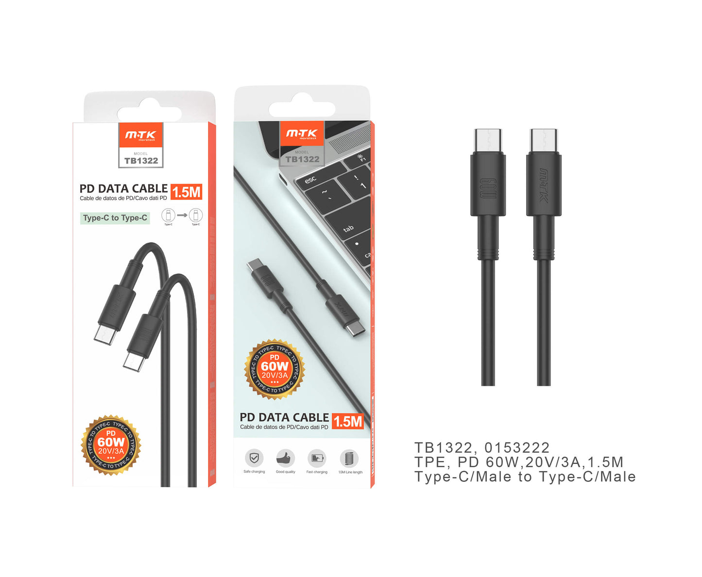 MOVTEK CAVO DATI TYPE-C to TYPE-C NERO 1,5m 60W - TB1322