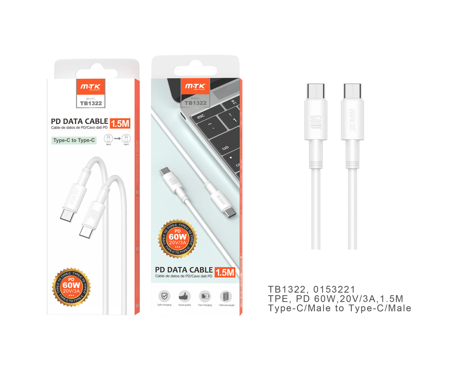 MOVTEK CAVO DATI TYPE-C to TYPE-C BIANCO 1,5m 60W - TB1322