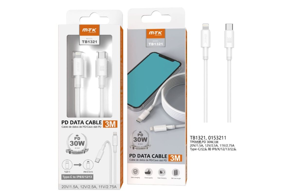 MOVTEK CAVO DATI TYPE-C to LIGHTNING BIANCO 3m 30W - TB1321
