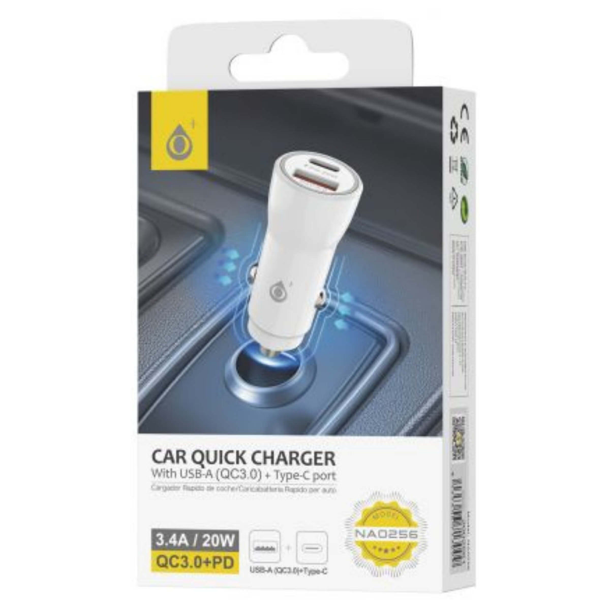 One Plus Caricatore da Auto Rapido 20W con Porta USB QC3.0 e Type-C PD Bianco - NA0256