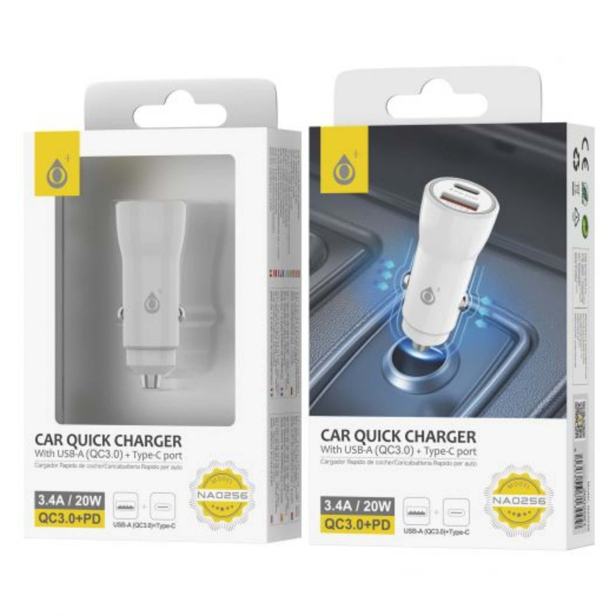 One Plus Caricatore da Auto Rapido 20W con Porta USB QC3.0 e Type-C PD Bianco - NA0256
