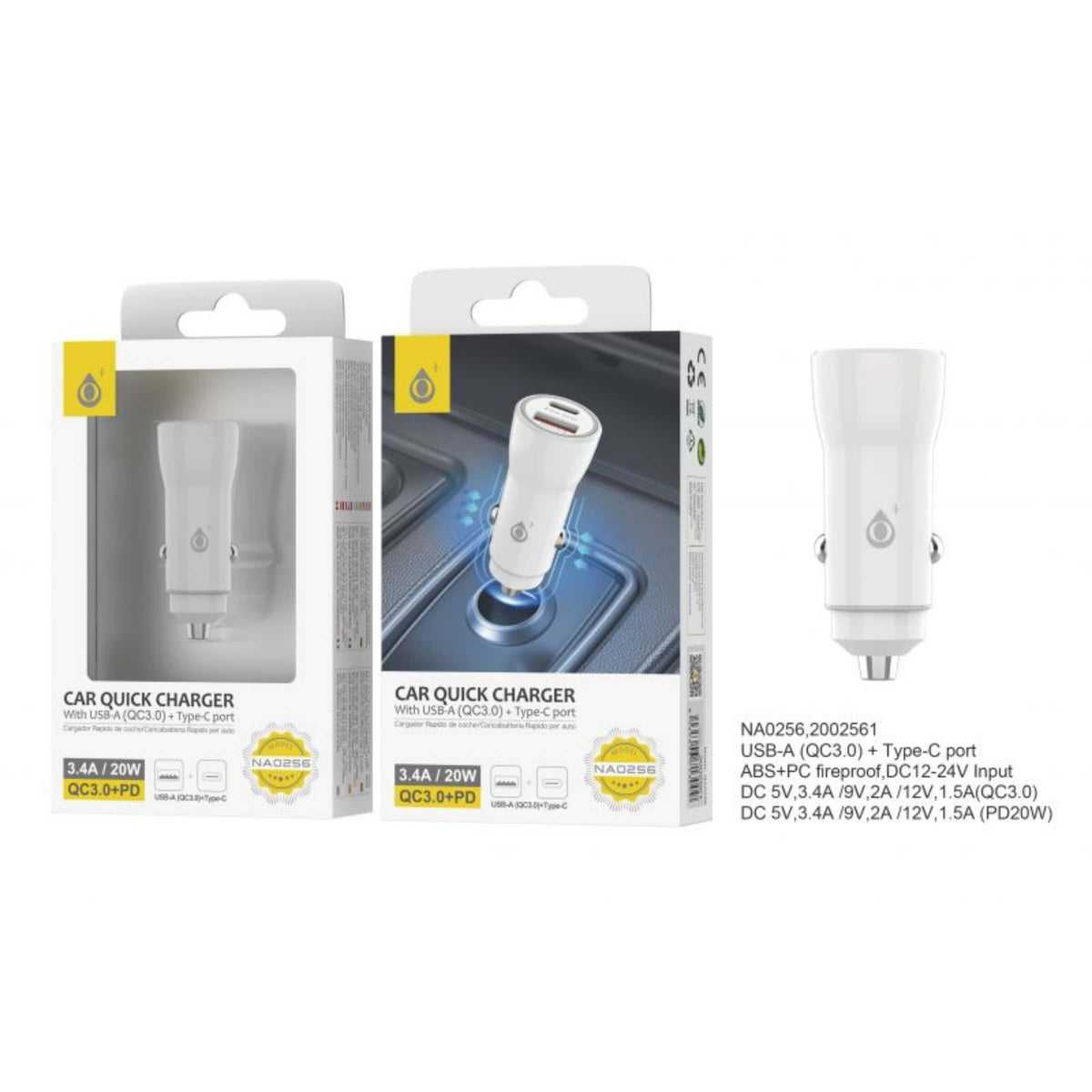 One Plus Caricatore da Auto Rapido 20W con Porta USB QC3.0 e Type-C PD Bianco - NA0256