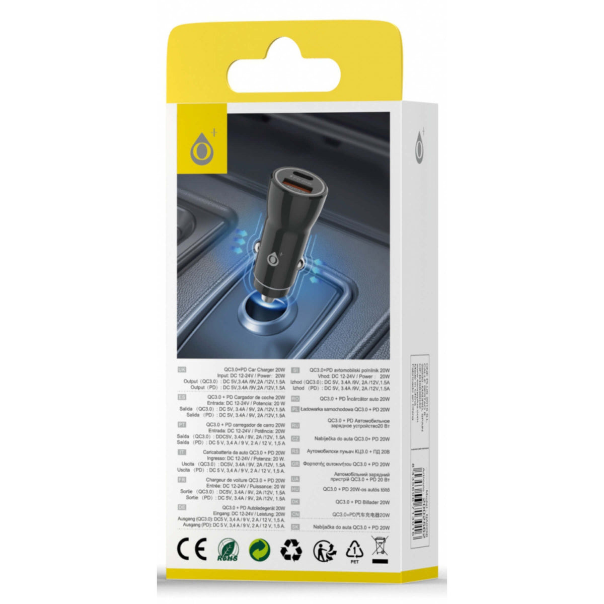 One Plus Caricatore da Auto Rapido 20W con Porta USB QC3.0 e Type-C PD Nero - NA0256