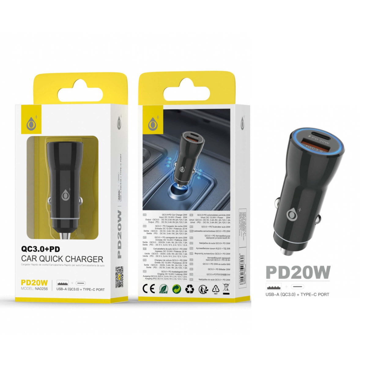 One Plus Caricatore da Auto Rapido 20W con Porta USB QC3.0 e Type-C PD Nero - NA0256