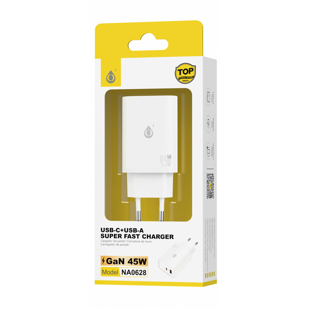 One Plus S.L. Caricabatterie da Parete GaN 45W Lorp con Doppia Porta USB-C e USB-A Ricarica Rapida PD Bianco - NA0628