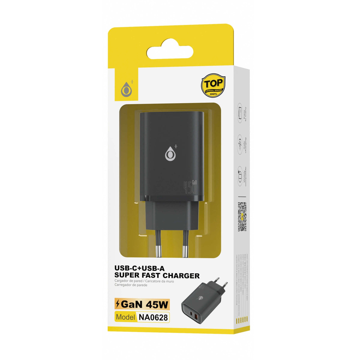 One Plus S.L. Caricabatterie da Parete GaN 45W Lorp con Doppia Porta USB-C e USB-A Ricarica Rapida PD Nero - NA0628