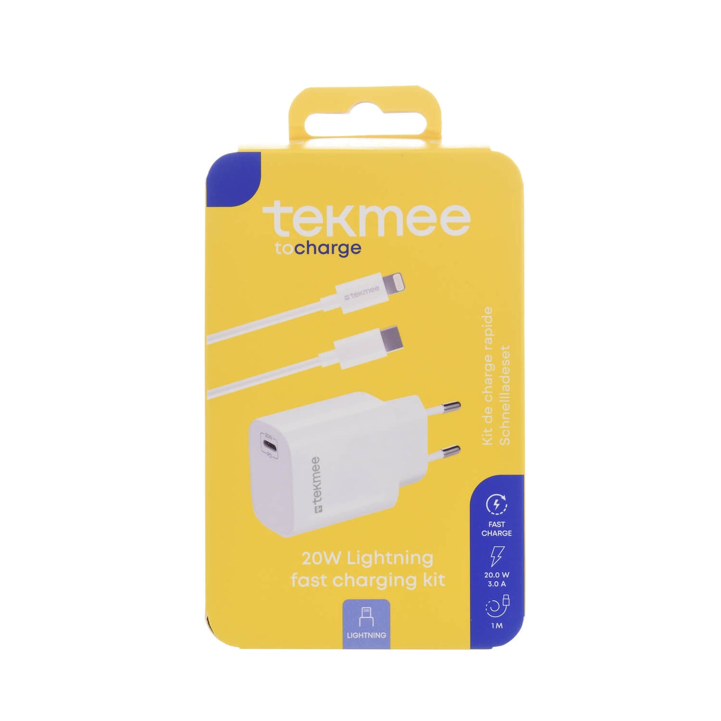 Tekmee kit ricarica rapida 20W caricatore parete e cavo Type-C Lightning 1m 3A per iPhone
