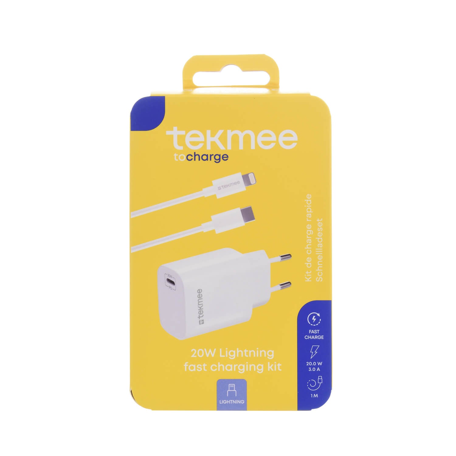 Tekmee kit ricarica rapida 20W caricatore parete e cavo Type-C Lightning 1m 3A per iPhone