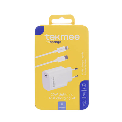 Tekmee kit ricarica rapida 20W caricatore parete e cavo Type-C Lightning 1m 3A per iPhone
