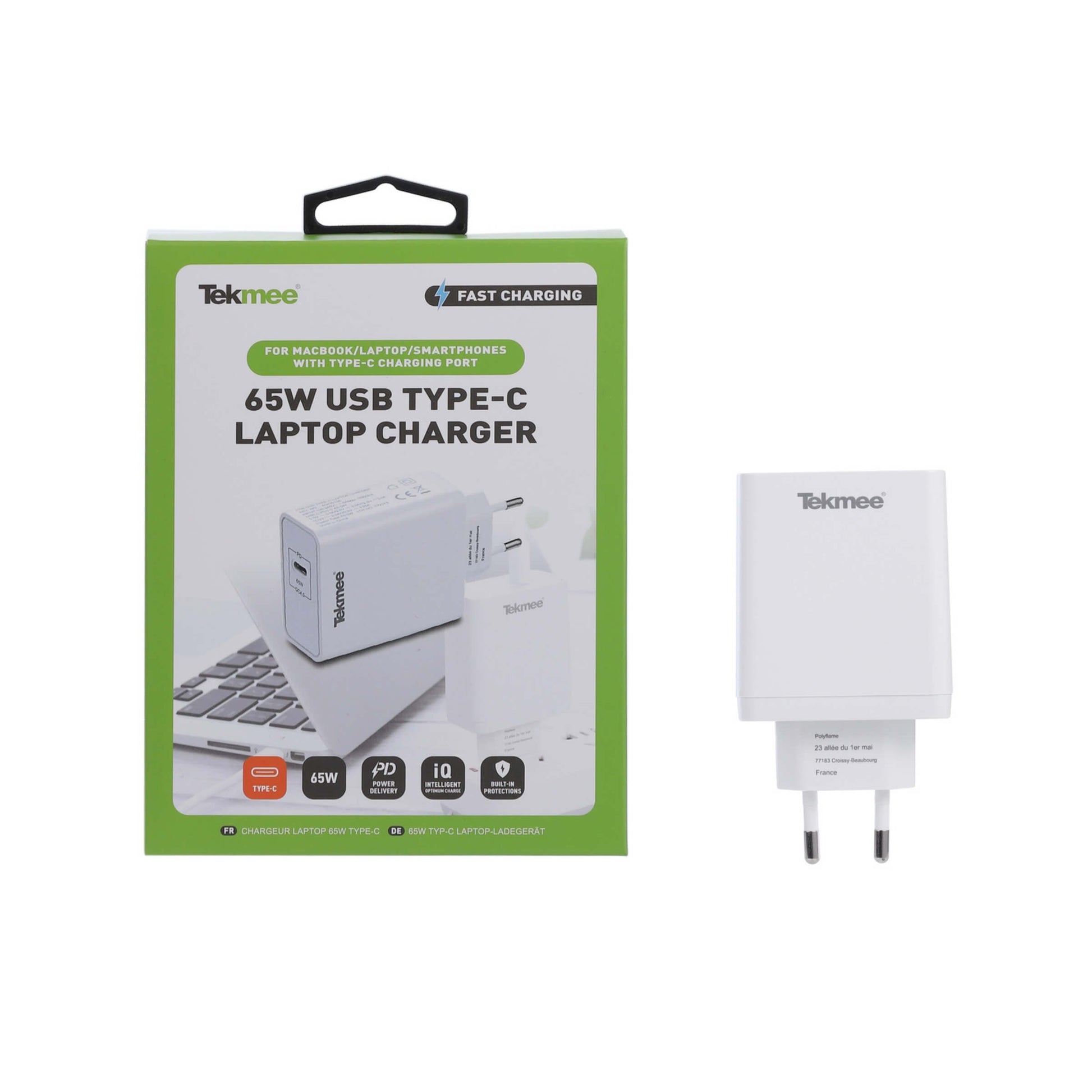 Tekmee caricatore muro Fast Charger 65W Power Delivery USB Type-C per laptop e smartphone