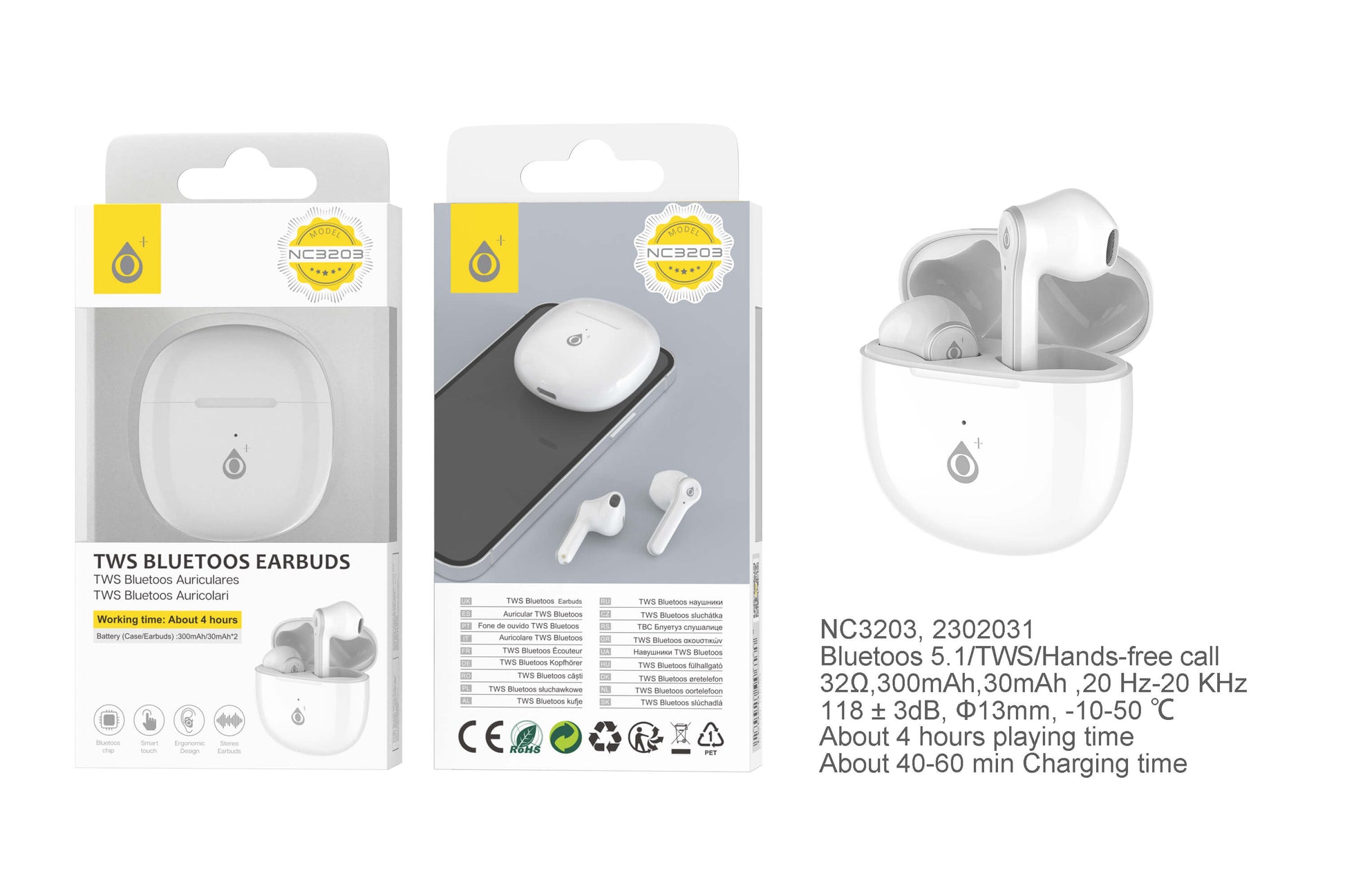 Auricolari TWS One Plus NC3203 Bluetooth 5.1 Touch Control bianchi
