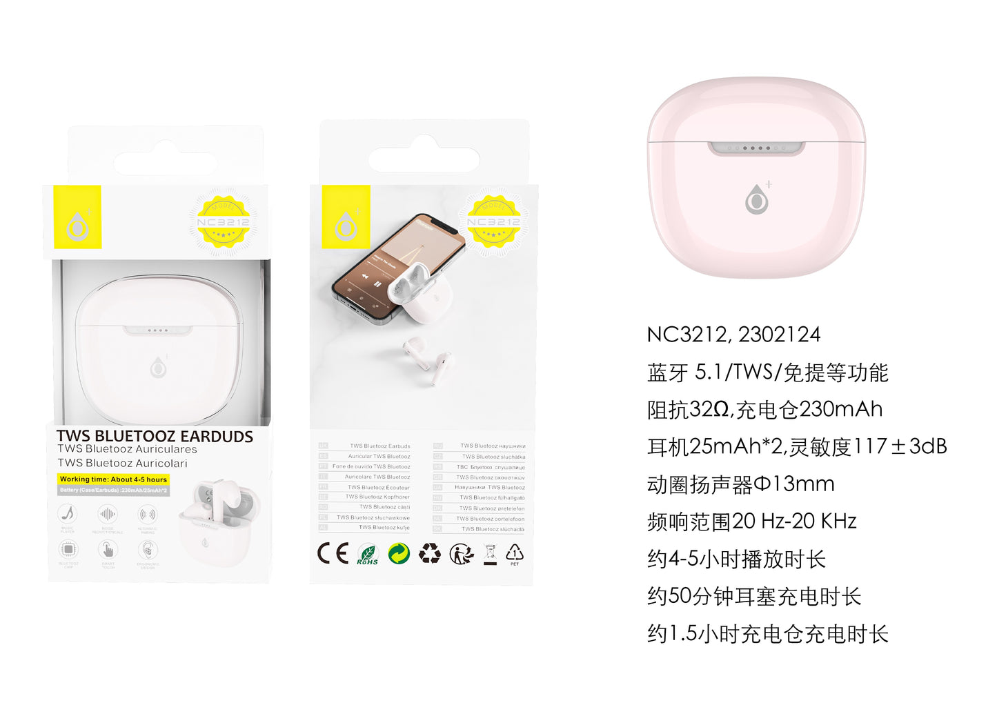 ONE PLUS AURICOLARI ROSA TWS 25mAh E CUSTODIA RICARICABILE DA 230mAh - NC3212 RS