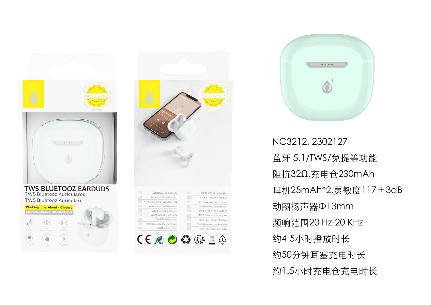 ONE PLUS AURICOLARI VERDI TWS 25mAh E CUSTODIA RICARICABILE DA 230mAh - NC3212 VE