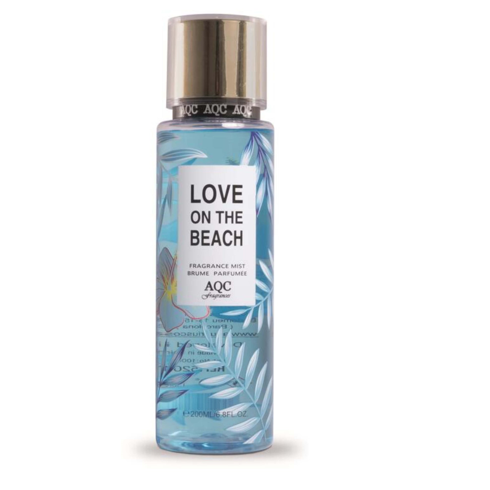 Flacone spray AQC Fragrances Body Mist Love on the Beach 200ml, note tropicali dolci e fresche
