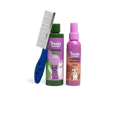 Tresky & Friends Gift Set 3 Pezzi per Cani - Shampoo al Tè Verde 200 ml, Spray Profumato Peach Blossom 120 ml e Pettine Districante - shop_name
