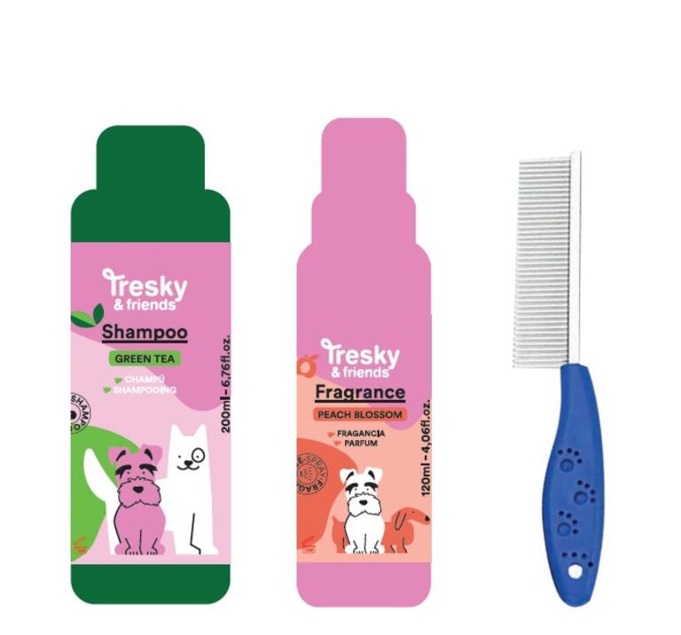 Tresky & Friends Gift Set 3 Pezzi per Cani - Shampoo al Tè Verde 200 ml, Spray Profumato Peach Blossom 120 ml e Pettine Districante - shop_name