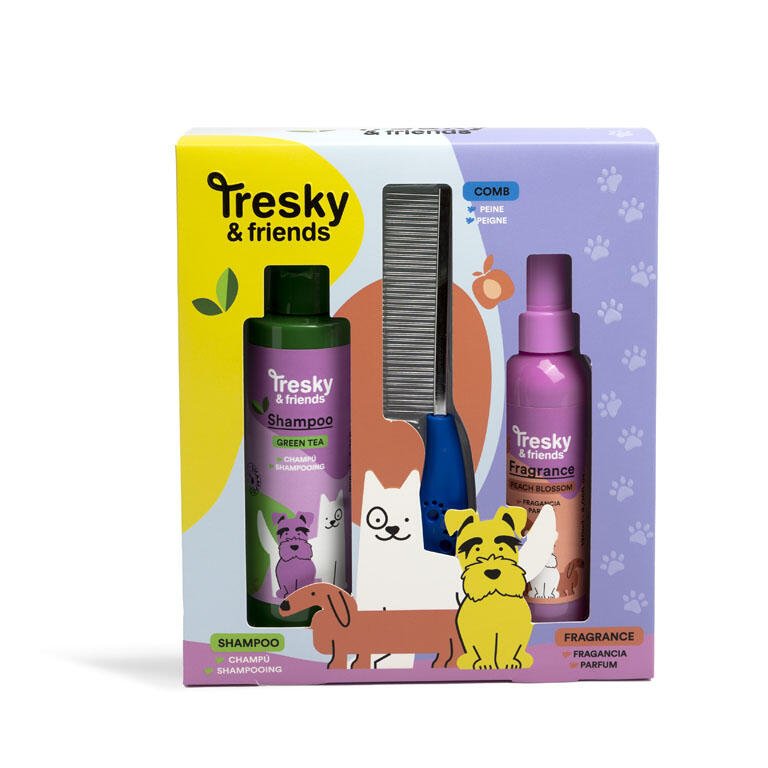 Tresky & Friends Gift Set 3 Pezzi per Cani - Shampoo al Tè Verde 200 ml, Spray Profumato Peach Blossom 120 ml e Pettine Districante - shop_name