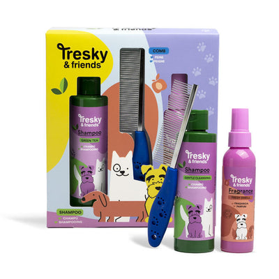 Tresky & Friends Gift Set 3 Pezzi per Cani Shampoo al Tè Verde 200 ml, Spray Profumato Peach Blossom 120 ml e Pettine Districante