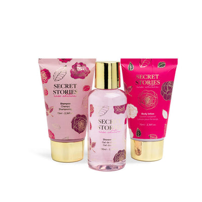 IDC Institute Secret Stories Wash Bag Set - Trousse Regalo con Gel Doccia 100 ml, Lozione Corpo 70 ml e Shampoo 70 ml