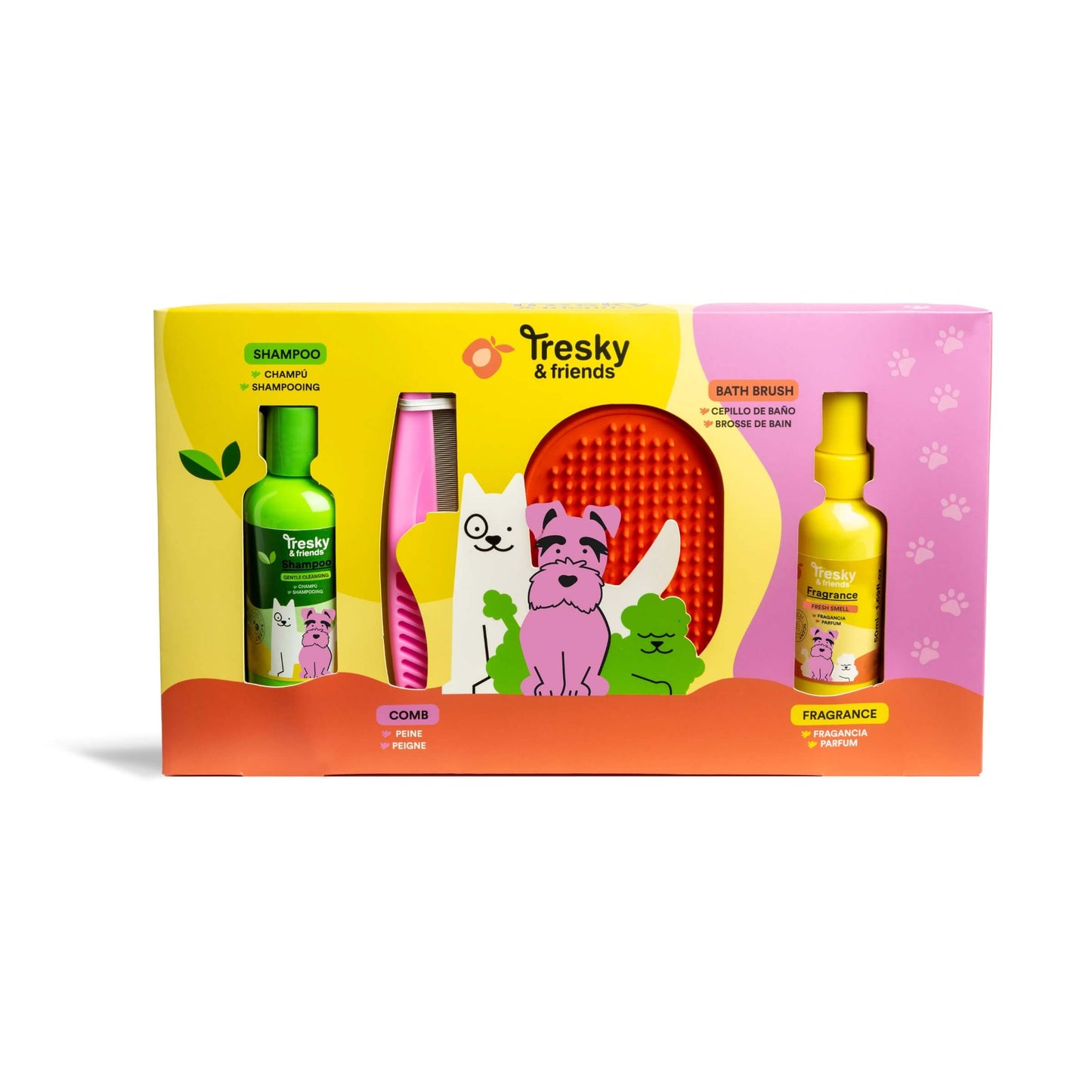 Tresky & Friends Gift Set 4 Pezzi per Cani - Shampoo 120 ml, Profumo 70 ml, Pettine e Spazzola da Bagno