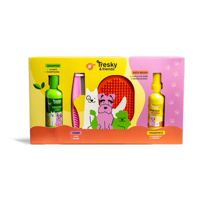 Tresky & Friends Gift Set 4 Pezzi per Cani - Shampoo 120 ml, Profumo 70 ml, Pettine e Spazzola da Bagno