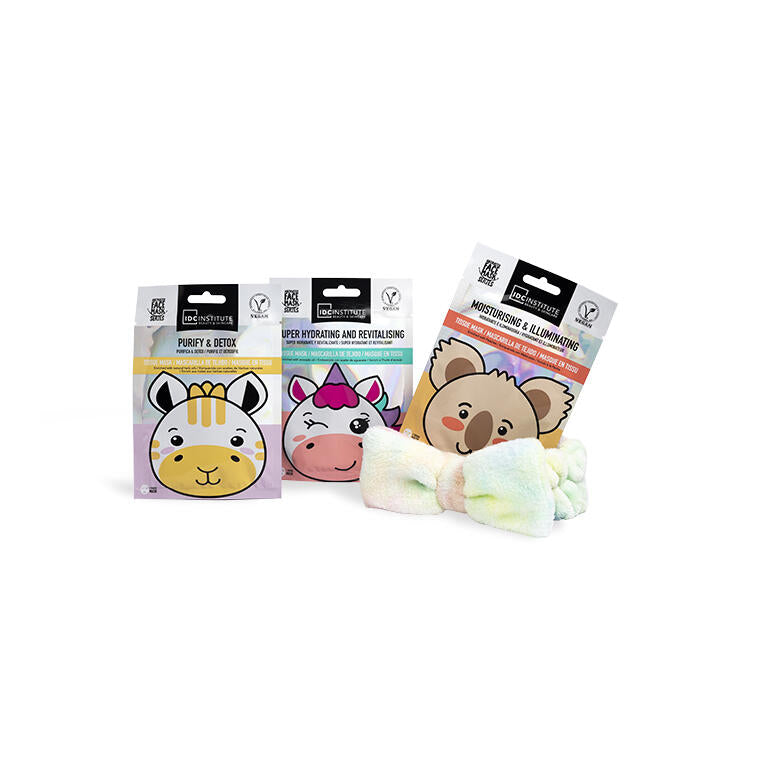 IDC Institute Cute Animals Ultimate Pack Set 3 Maschere Viso con Fascia per Capelli - 91019