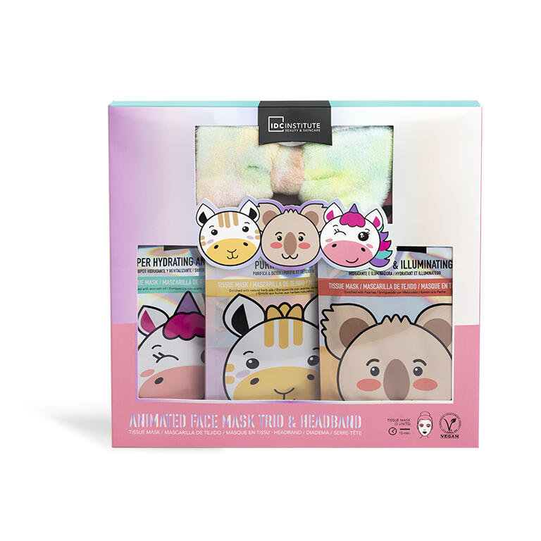 IDC Institute Cute Animals Ultimate Pack Set 3 Maschere Viso con Fascia per Capelli - 91019